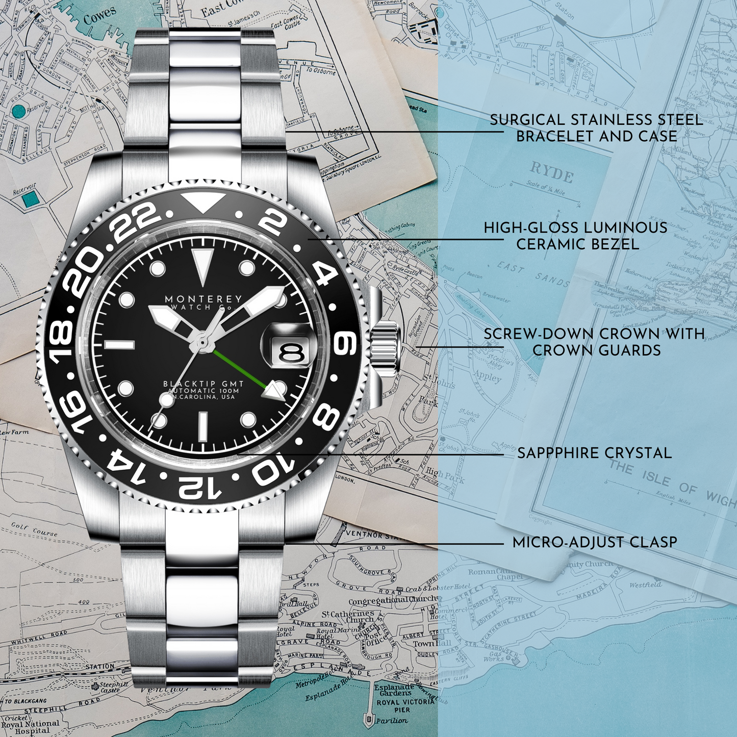 GMT Watch Face Close-Up – Monterey Watches