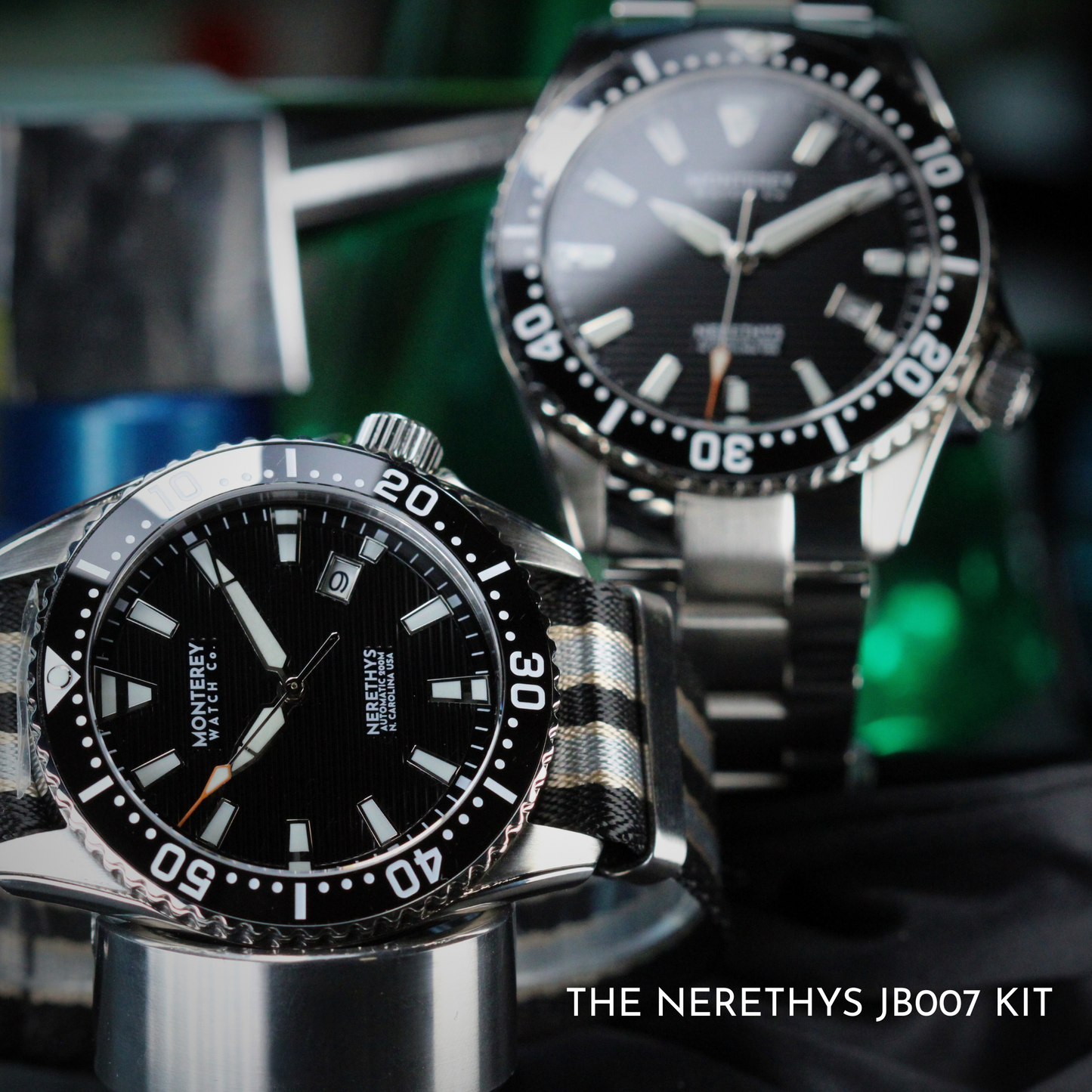 Monterey Watch Co Nerethys Pro Diver with black dial and steel bracelet.