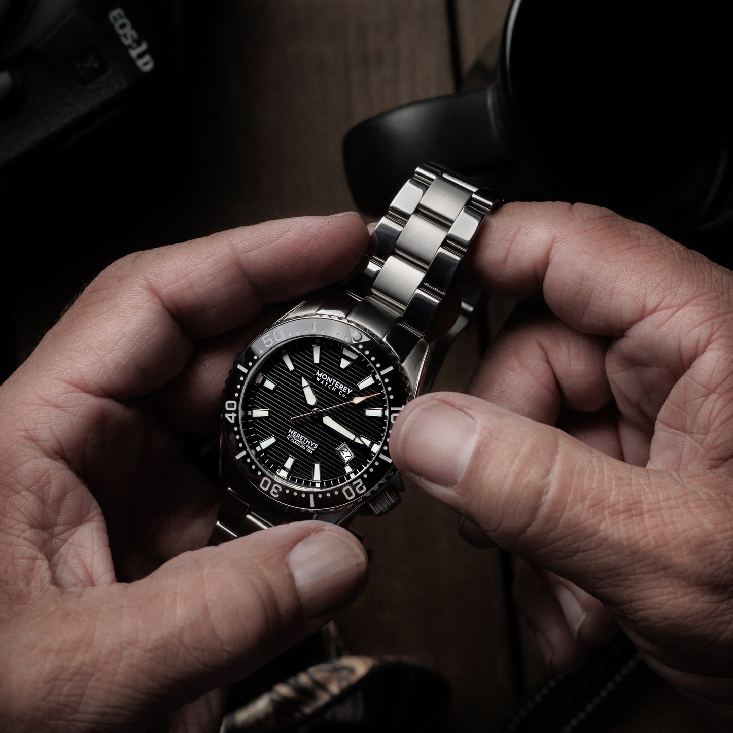 Monterey Watch Co Nerethys Pro Diver with black dial and steel bracelet.